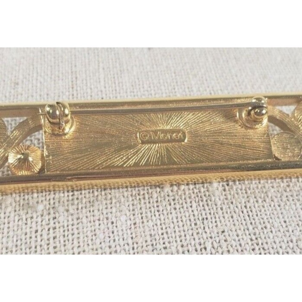 Brooch Pin - Signed Monet - Rectangle - Faux Pearls Rhinestones  Black Gold Tone - Picture 8 of 9